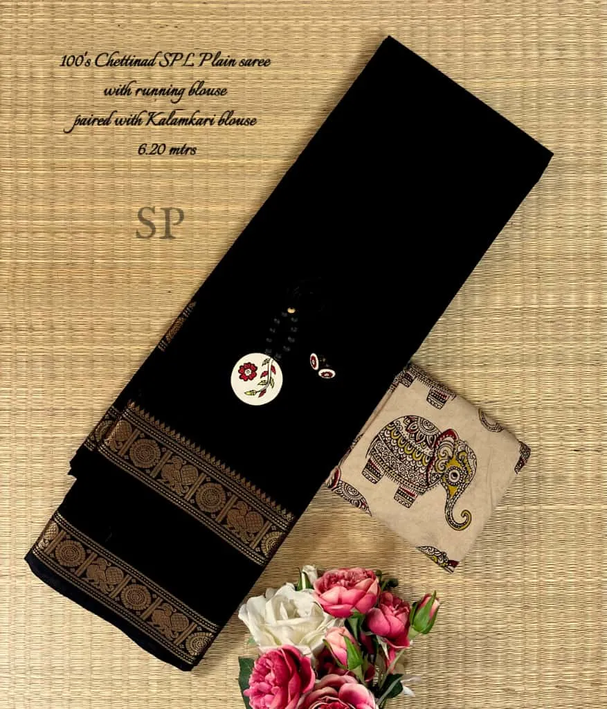 Chettinad Plain Butta Cotton Saree with Kalamkari Blouse